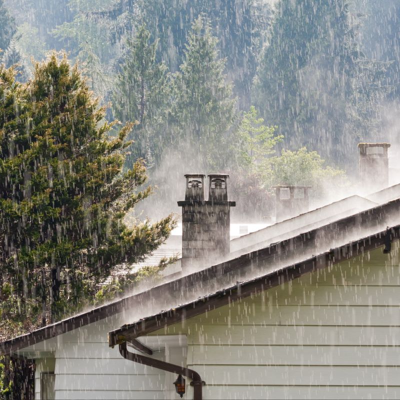 stock photo of rain falling on chimney rain falling on a home with a chimney with trees in the background