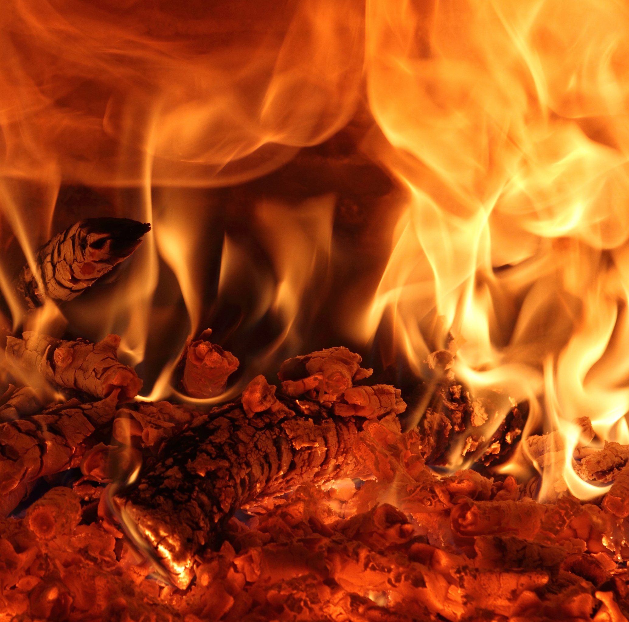 wood fire and flames tall chimney photo